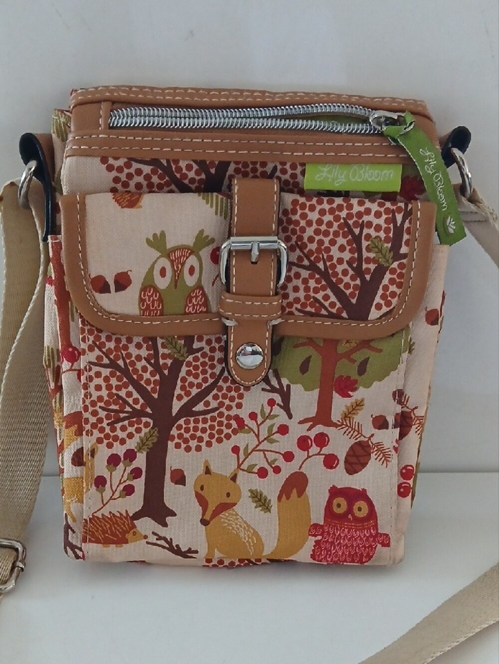 Lily Bloom Beige Forest Print Crossbody Bag with Brown Trim